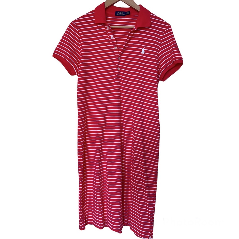 Striped polo dress. Orange/coral with white stripe. Size medium.